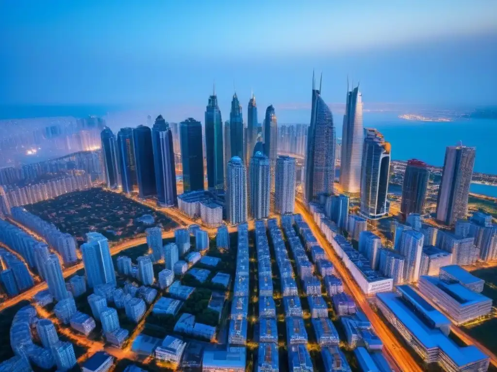 Metrópolis cosmopolita: skyline de rascacielos y culturas diversas Vista aérea detallada de una ciudad vibrante con rascacielos y condominios de lujo, reflejando diversidad cultural
