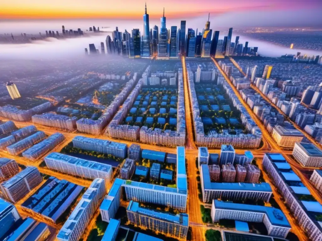 Metrópolis dinámica: vista aérea detallada de ciudad moderna Vista aérea detallada de una ciudad moderna y vibrante, con rascacielos, espacios verdes y calles llenas de vida