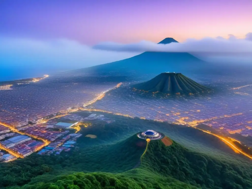 Vista aérea detallada de ciudad de El Salvador al anochecer Vista aérea detallada de ciudad de El Salvador al anochecer, con modernos edificios y exuberante vegetación