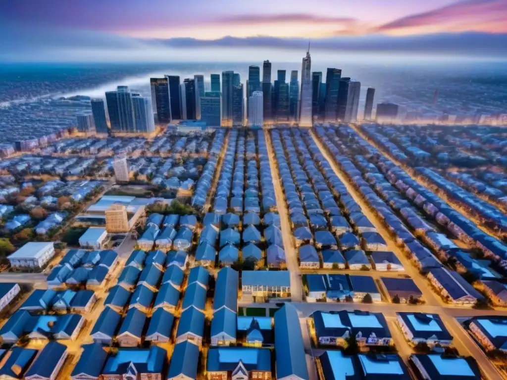 Cityscape en crisis: oportunidades y riesgos en propiedades en remate Vista aérea detallada de una ciudad diversa con propiedades en remate, mostrando oportunidades y riesgos en la inversión inmobiliaria