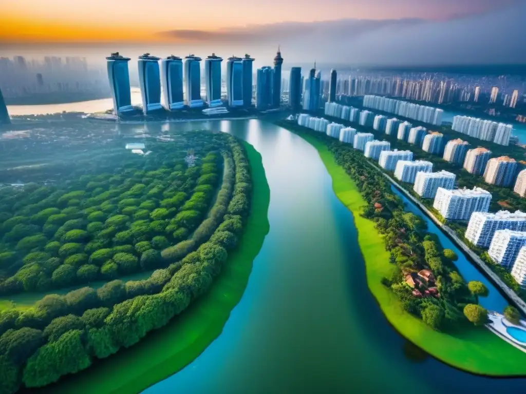 Metrópolis lujosa: opulencia y modernidad en armonía Vista aérea detallada de una ciudad lujosa rodeada de naturaleza exuberante y agua, transmitiendo opulencia