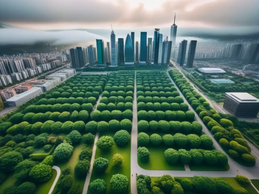 Metrópolis moderna: armonía entre rascacielos, naturaleza y comunidad Vista aérea detallada de una ciudad moderna con rascacielos, calles llenas de gente y espacios verdes