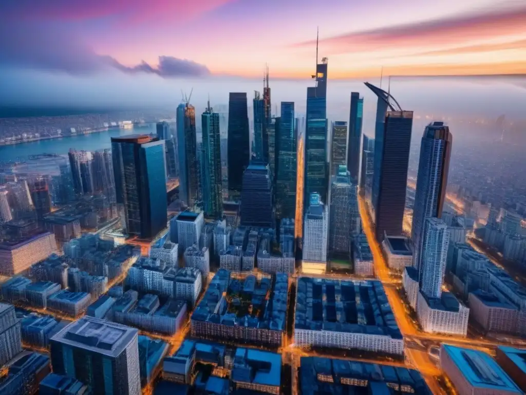 Vista aérea detallada de ciudad con rascacielos y planificación urbana Vista aérea detallada de una ciudad bulliciosa con rascacielos, mostrando el diseño urbano dentro de restricciones de uso suelo mercado inmobiliario