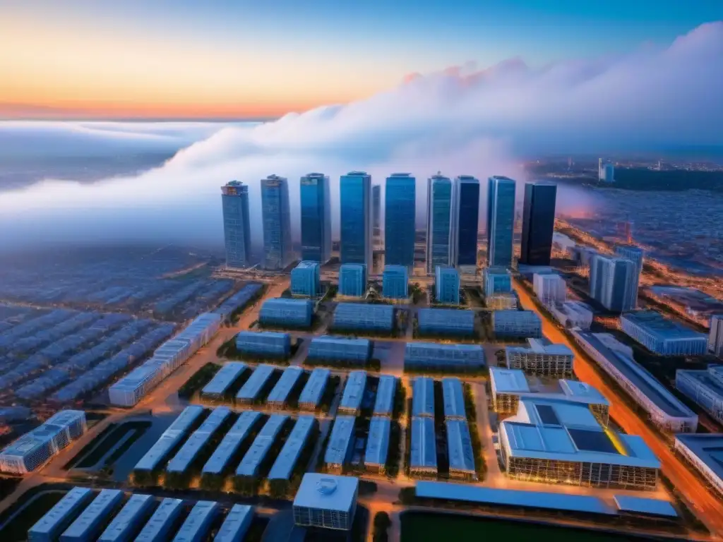 Metrópolis multifuncional: innovación y prosperidad urbana Vista aérea detallada de una ciudad moderna con espacios comerciales multifuncionales, reflejando progreso y financiamiento