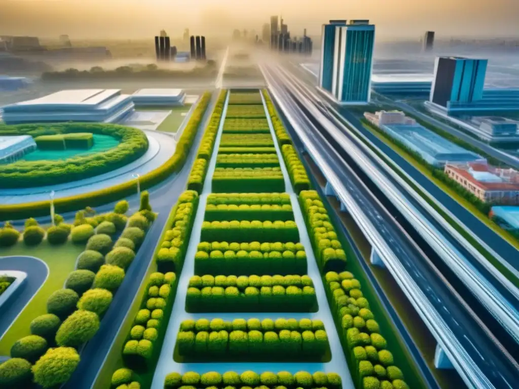 Arquitectura sostenible en la ciudad: un paisaje urbano ecoamigable Vista aérea detallada de ciudad moderna con edificios ecológicos y tradicionales, muestra impacto regulaciones ambientales valor propiedades