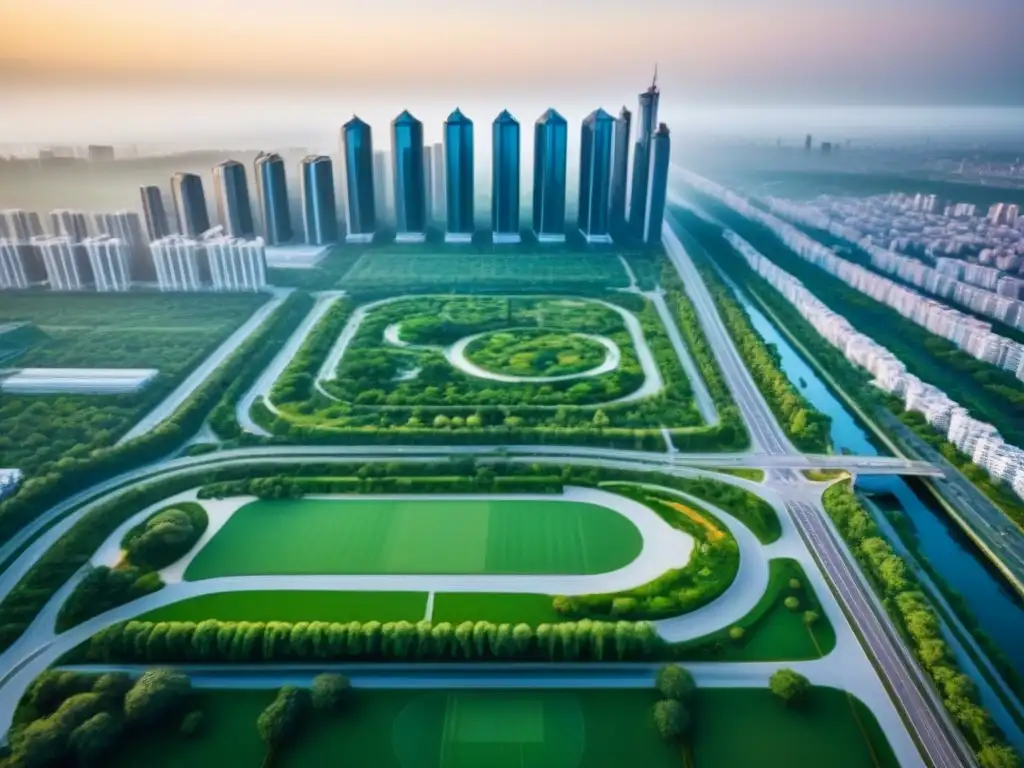 Fotografía aérea: ciudad moderna y sostenible Vista aérea detallada de ciudad moderna con rascacielos, parques verdes y calles llenas de vehículos eléctricos