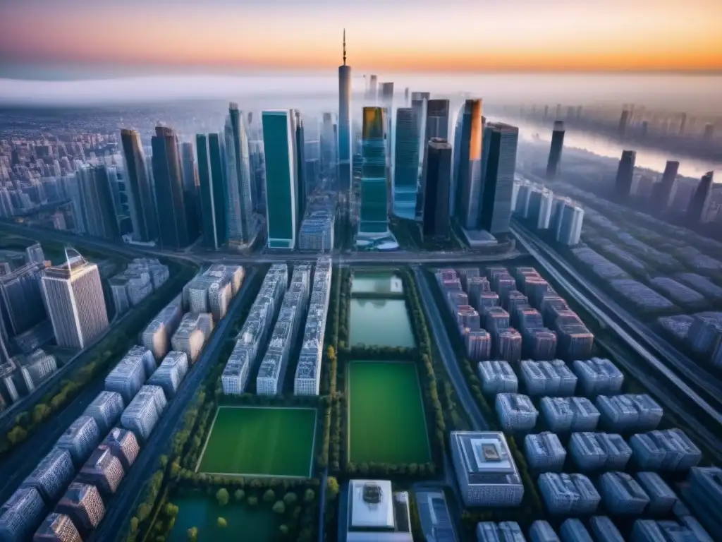 Metrópolis sostenible: Paisaje urbano vibrante en armonía con la naturaleza Vista aérea detallada de una ciudad moderna integrando naturaleza y arquitectura según regulaciones urbanísticas 2023 inversor