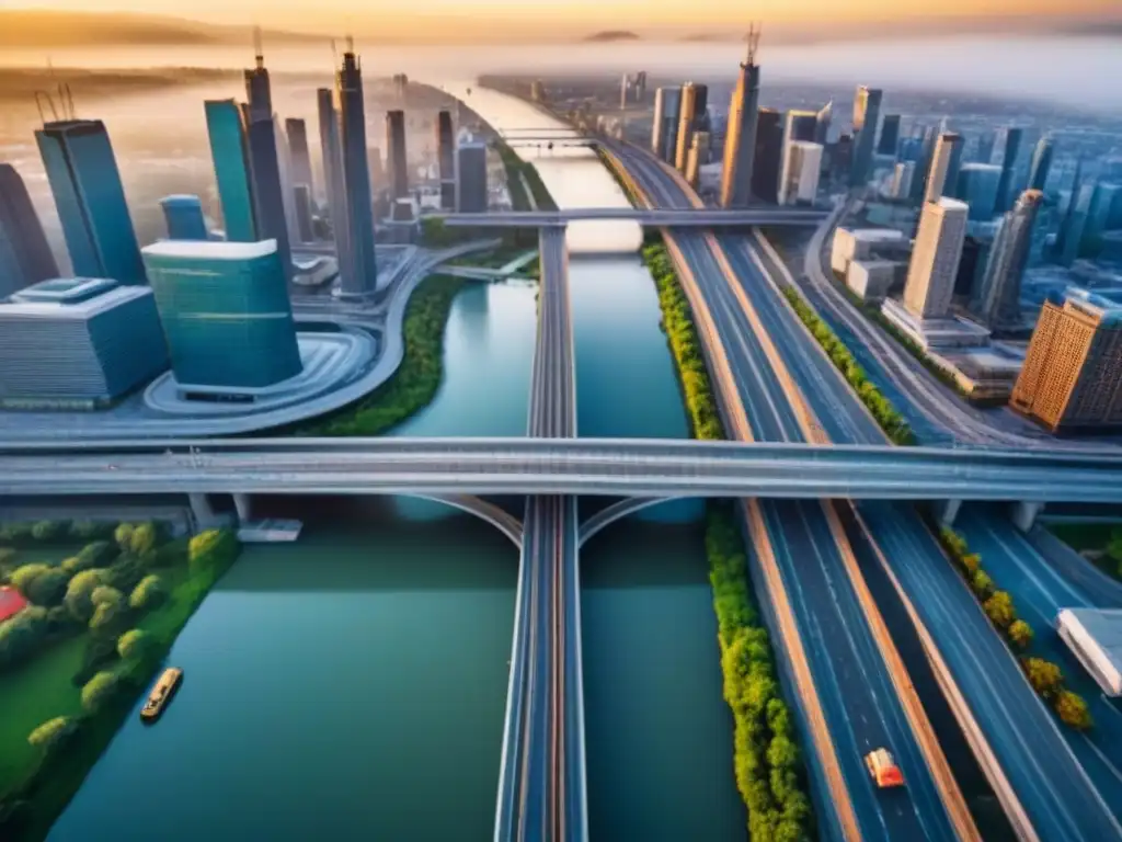 Red de infraestructuras urbanas: mantenimiento y desarrollo Vista aérea detallada de una ciudad con redes viales, puentes, edificios y mantenimiento