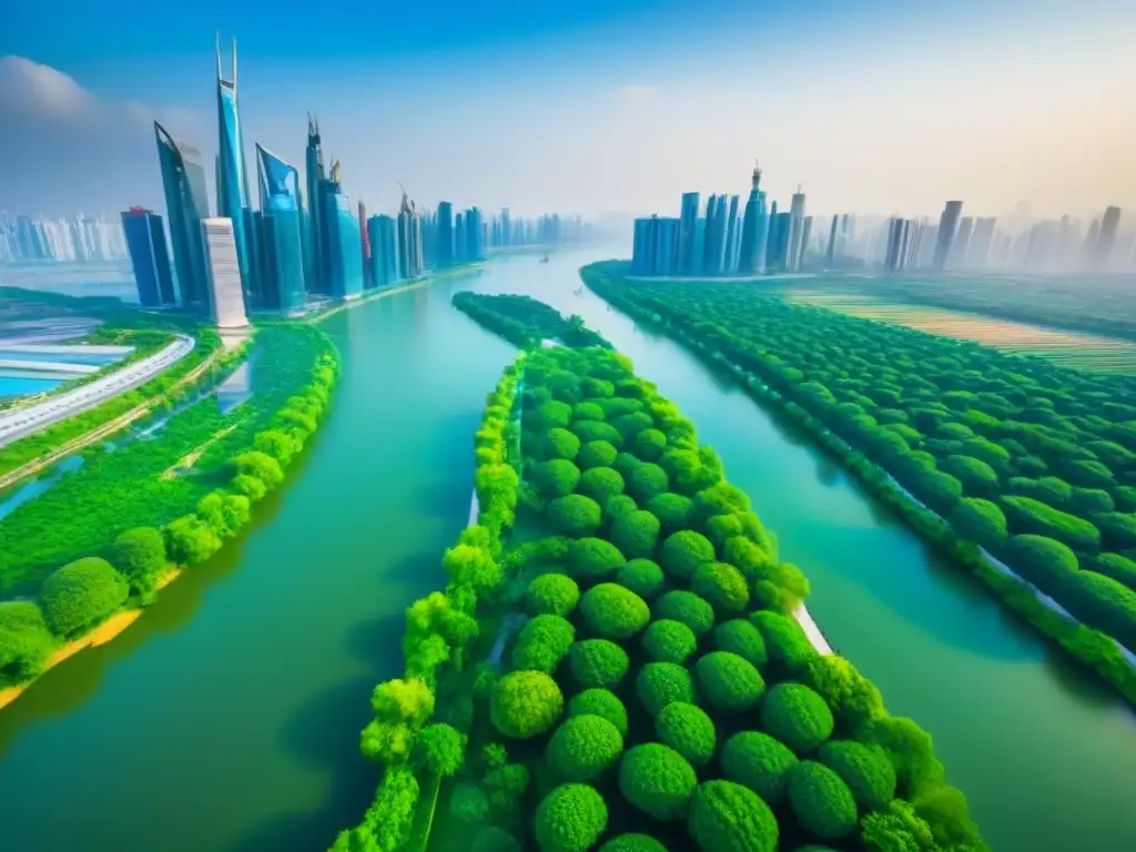 Armonía urbana: infraestructura moderna y naturaleza en equilibrio Una vista aérea detallada de una ciudad bulliciosa con una red de infraestructuras modernas integradas con espacios verdes y cuerpos de agua