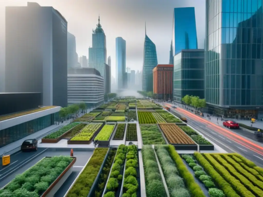 Transformación ecológica urbana: la ciudad del futuro verde Vista aérea detallada de una ciudad revitalizada con técnicas de Restauración de paisajes naturales