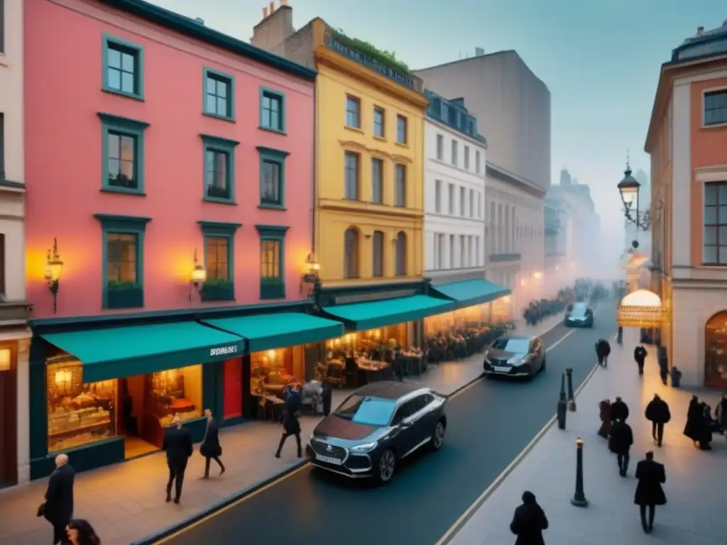 Vista aérea detallada de una ciudad vibrante con edificios históricos y modernos, integrando restauraciones en un entorno urbano contemporáneo