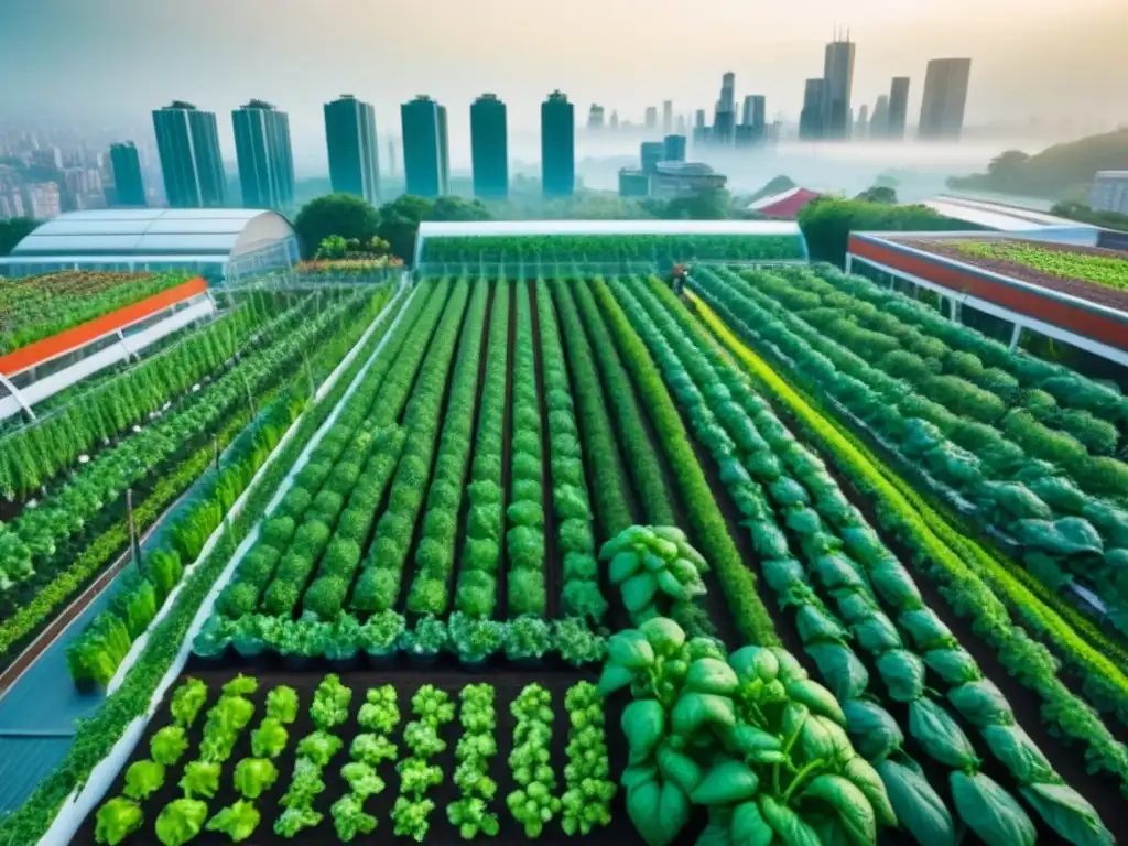 Jardines urbanos: Cultivando la ciudad moderna Vista aérea detallada de una ciudad bulliciosa con rascacielos y jardines urbanos llenos de cultivos