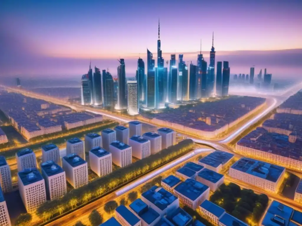 Smart city futurista: luces, tecnología y eco-innovación nocturna Vista aérea detallada de una ciudad inteligente futurista de noche, con rascacielos iluminados y tecnología avanzada, reflejando el mercado inmobiliario en ciudades inteligentes