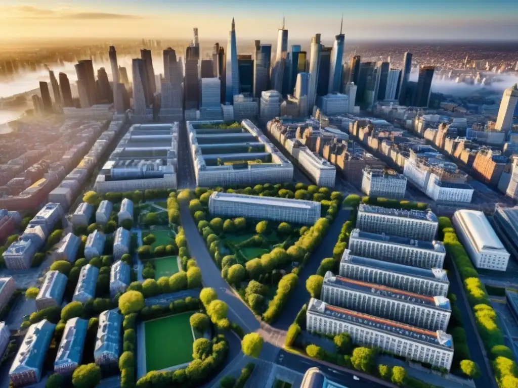 Cityscape: Conservación urbana entre lo antiguo y lo moderno Vista aérea detallada de una ciudad histórica moderna, resaltando la conservación del patrimonio en áreas urbanas