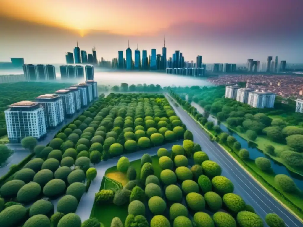 Metrópolis moderna: arquitectura, naturaleza y vida urbana Vista aérea detallada de una ciudad moderna con rascacielos de diferentes estilos rodeados de parques verdes y calles arboladas