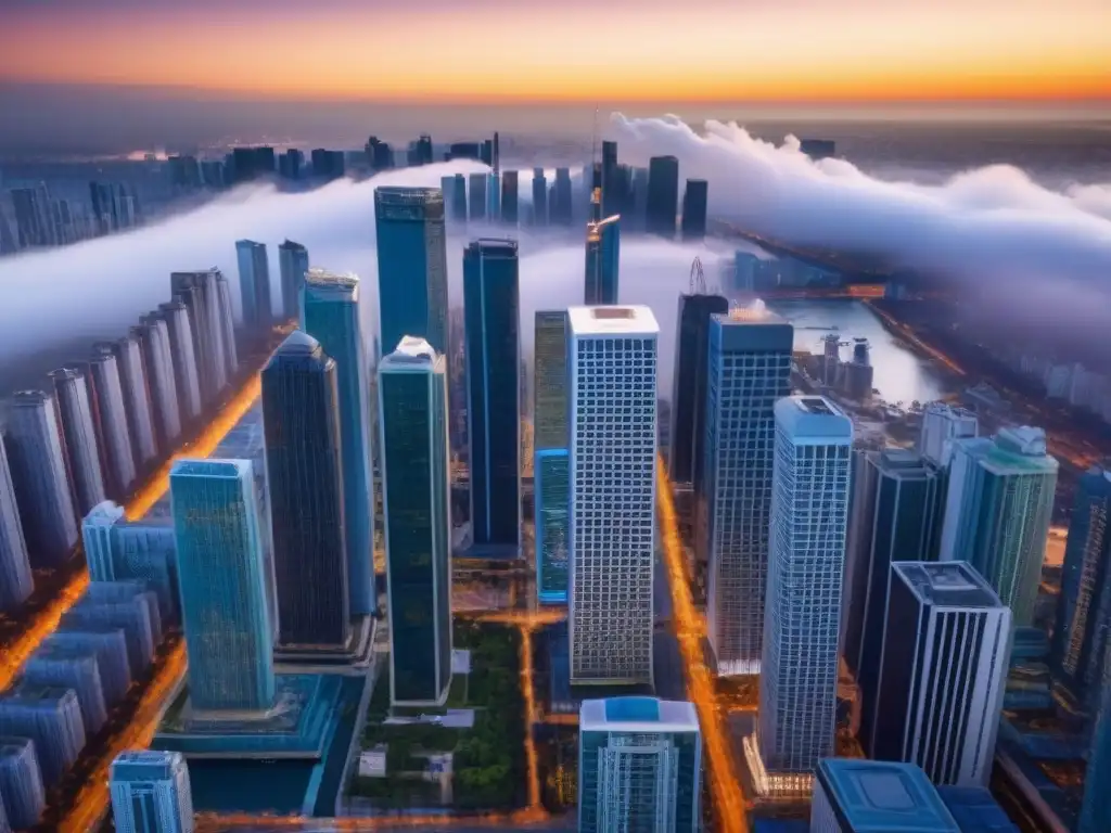 Contrastes urbanos: cielos de rascacielos y arquitectura tradicional Una vista aérea detallada de una ciudad vibrante, entre rascacielos modernos y elementos arquitectónicos tradicionales