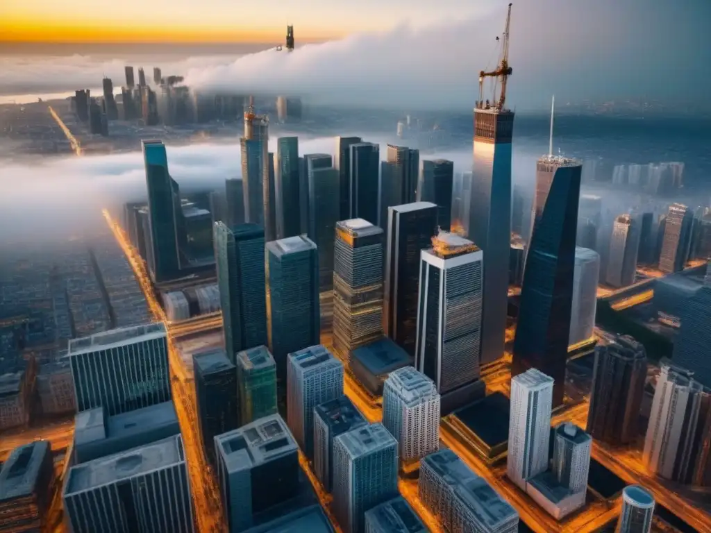 Desafíos legales en proyectos inmobiliarios: ciudad moderna en crecimiento Vista aérea detallada de una ciudad con rascacielos y obras, representando la gestión de riesgos legales en proyectos inmobiliarios