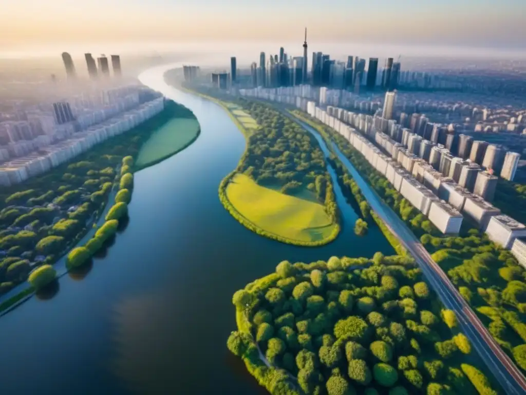 Espléndida ciudad en 8k: ríos, rascacielos y parques verdes Vista aérea detallada de ciudad con rascacielos, parques verdes y río