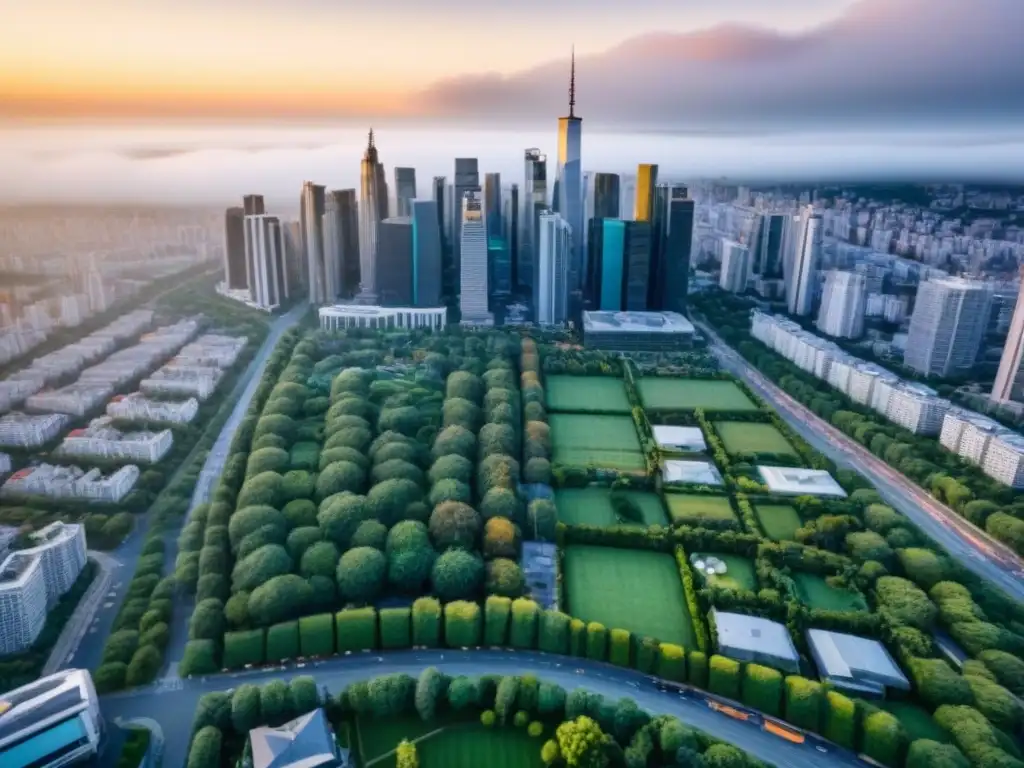 Panorama urbano detallado: valuación inmobiliaria en tiempo real Vista aérea detallada de una ciudad vibrante con rascacielos, edificios residenciales y espacios verdes entrelazados, resaltando la diversidad y complejidad de la valoración de propiedades inmobiliarias en un entorno urbano moderno