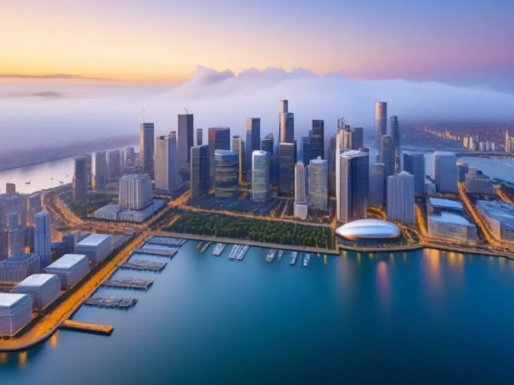 Vista aérea 8k de ciudad moderna y vibrante al atardecer Vista aérea detallada de una ciudad moderna con rascacielos, calles bulliciosas, parques y propiedades junto al agua al atardecer