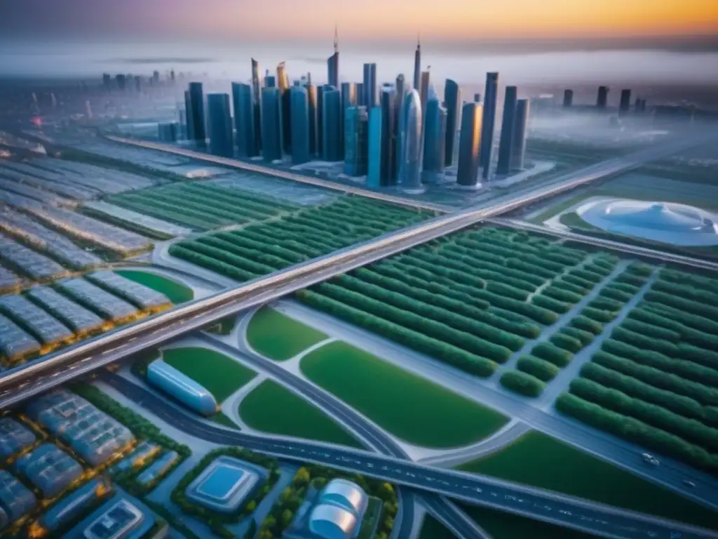 Smart city del futuro con tecnología avanzada y sostenible Vista aérea detallada de una ciudad inteligente futurista con impacto en mercado inmobiliario