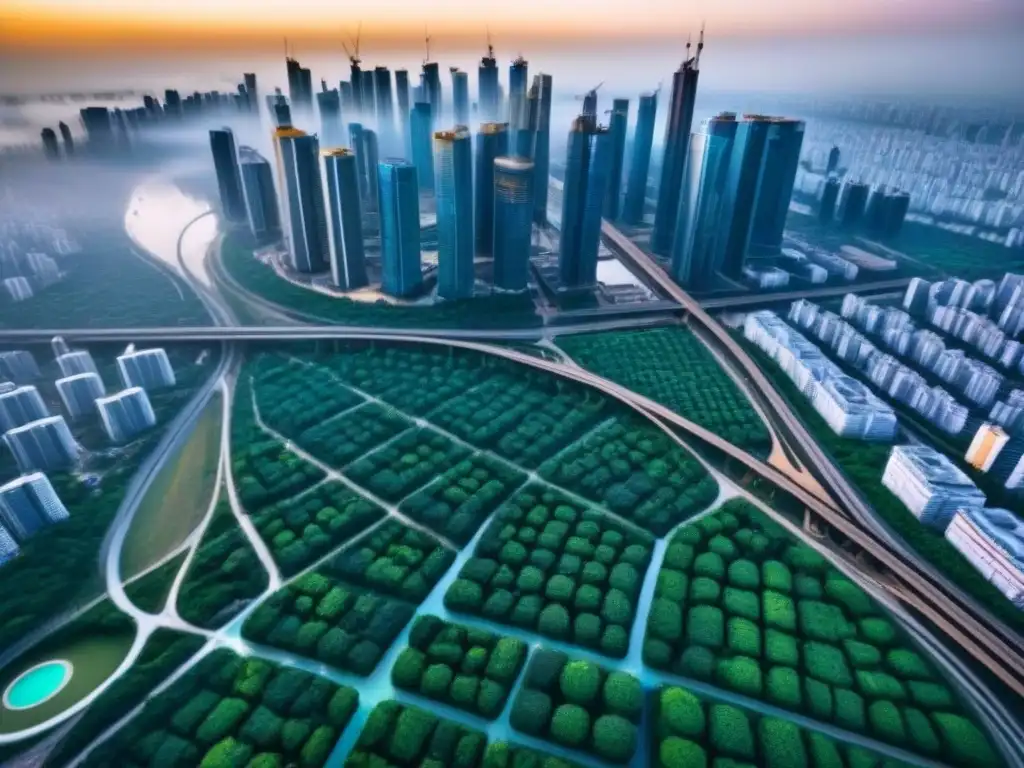 Metrópolis moderna: infraestructura urbana y vida vibrante Vista aérea detallada de ciudad con modernos rascacielos y redes de infraestructura de agua y saneamiento integradas en paisaje urbano, destacando inversión inmobiliaria sostenible