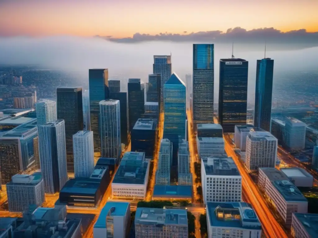 Horizonte urbano en rush hour: impacto del teletrabajo en bienes raíces Vista aérea detallada de una ciudad bulliciosa durante la hora pico, mostrando el impacto del teletrabajo en inmobiliaria