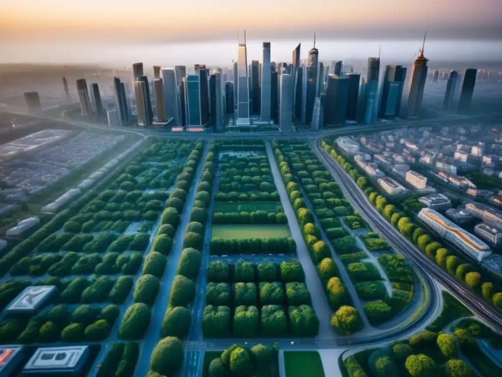 Metrópolis sostenible: paisaje urbano armonioso y eficiente Vista aérea detallada de una ciudad vibrante y sostenible, con espacios verdes y transporte público eficiente