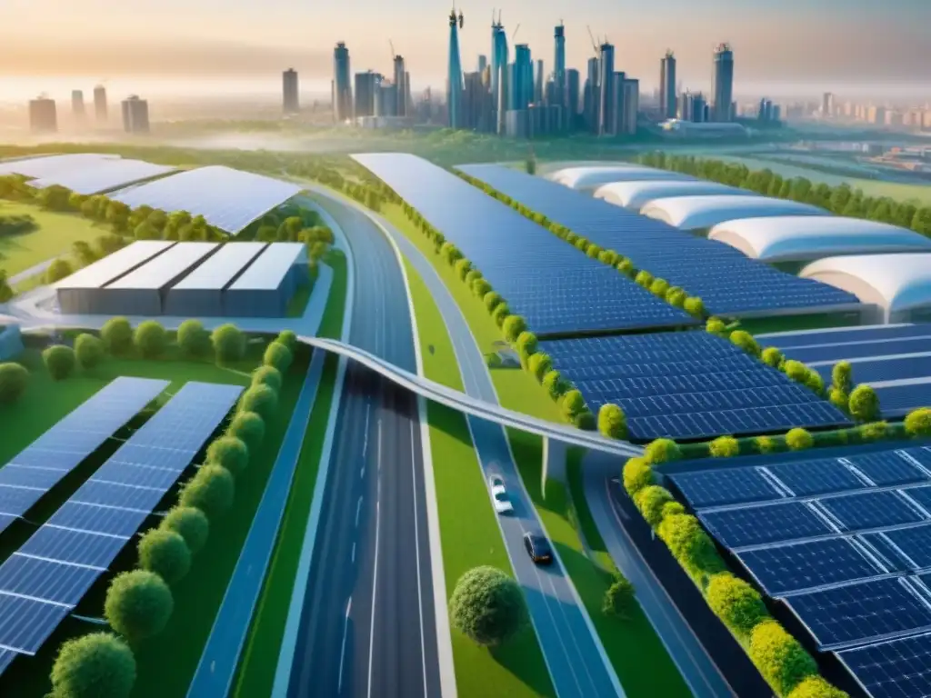 Metrópolis sostenible: tecnología verde y eficiencia urbana Vista aérea detallada de una ciudad con tecnología y zonas verdes, destacando mejoras en servicios y valorización del entorno urbano