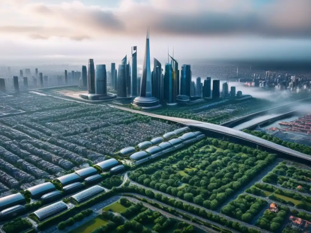 Skyline urbano futurista con tecnologías inteligentes Vista aérea detallada de una ciudad futurista con zonas potencial valorización mejoras servicios