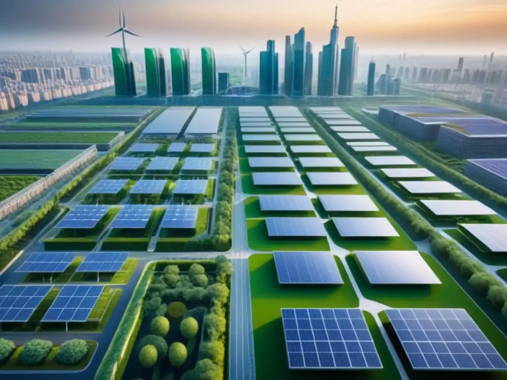 Metrópolis futurista posCOVID: diseño urbano innovador y sostenible Vista aérea detallada de una ciudad futurista con edificios modernos y ecológicos