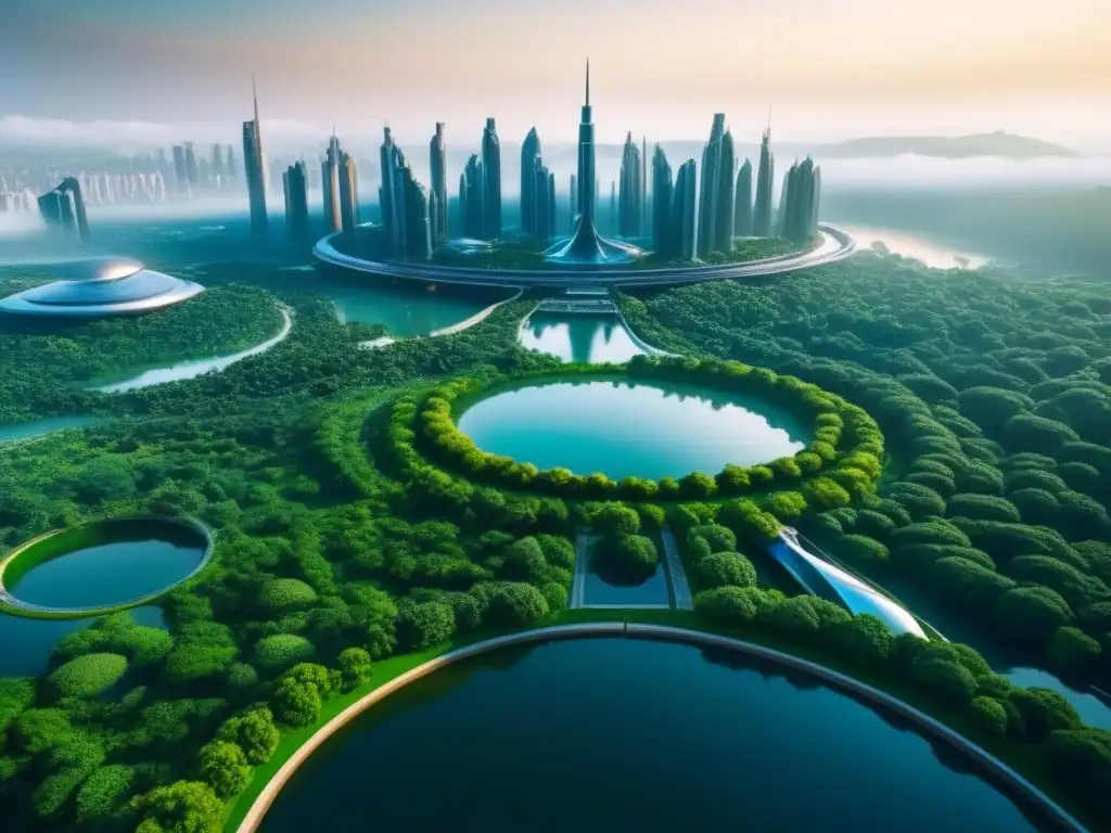 Metrópolis futurista: arquitectura innovadora en armonía con la naturaleza Vista aérea detallada de ciudad futurista con edificios emblemáticos que fusionan elementos culturales tradicionales con tecnología moderna, resaltando la importancia de la identidad cultural