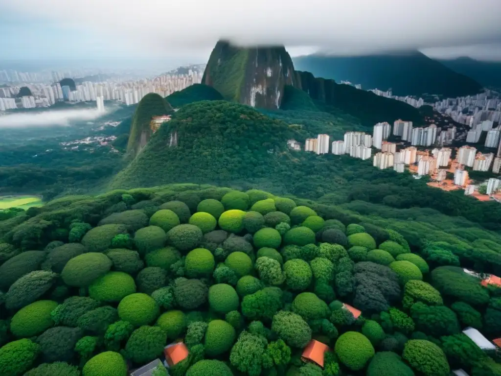 Horizonte vibrante: mercado inmobiliario en Brasil Vista aérea detallada de una ciudad brasileña bulliciosa, con rascacielos modernos y vegetación exuberante