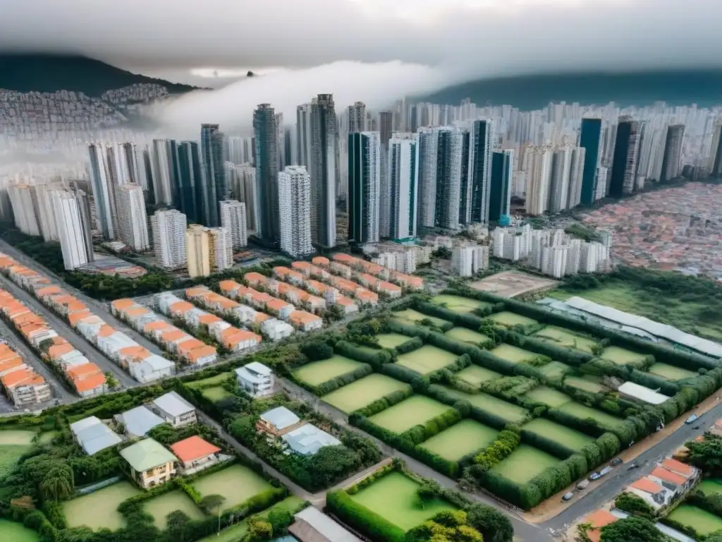 Panorama urbano dinámico en Sudamérica: demografía y mercado inmobiliario Vista aérea detallada de una ciudad sudamericana con tendencias demográficas en el mercado inmobiliario