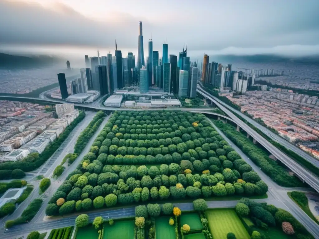 Cityscape innovador: diversidad cultural y bienestar urbano Vista aérea detallada de una ciudad vibrante con urbanismo innovador y diversidad cultural