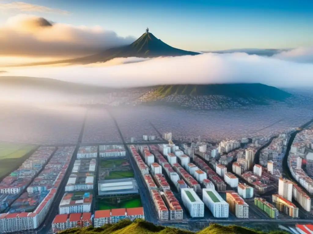 Vibrante panorama urbano ecuatoriano: evolución arquitectónica Vista aérea detallada de ciudad ecuatoriana con modernos rascacielos y arquitectura tradicional