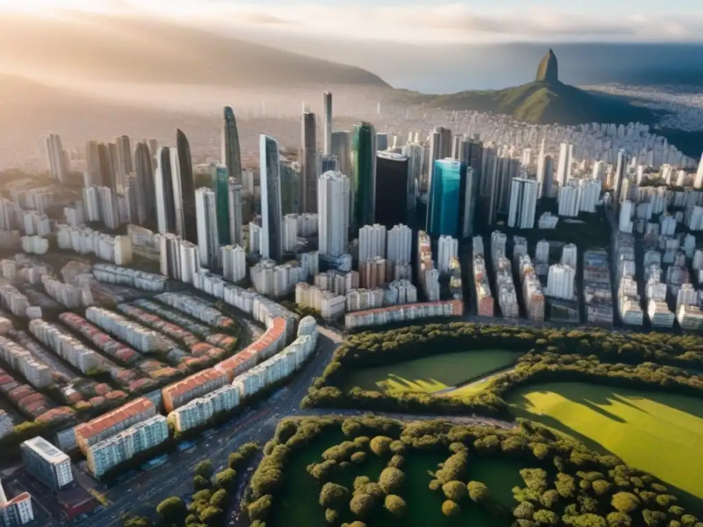 Vibrante ciudad sudamericana: luces, colores y arquitectura urbana Vista aérea detallada de una ciudad sudamericana bulliciosa, mostrando edificios altos, áreas verdes y calles llenas de vida