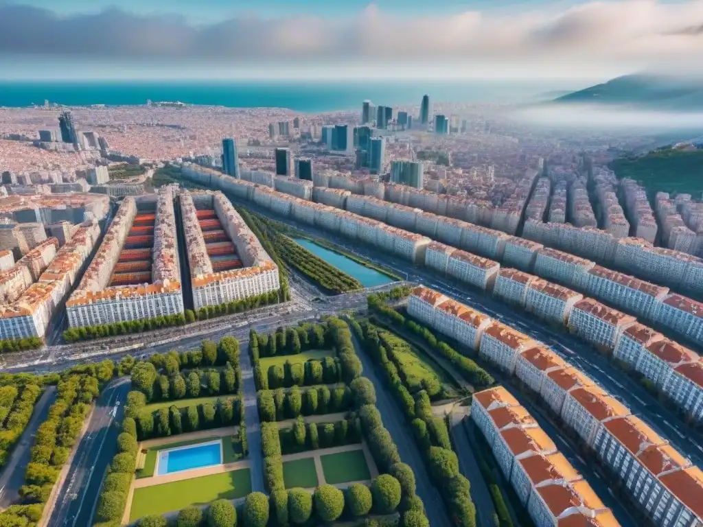 Panorámica detallada de la ciudad de España: arquitectura moderna y tradicional Vista aérea detallada de la ciudad de España, con arquitectura moderna e histórica