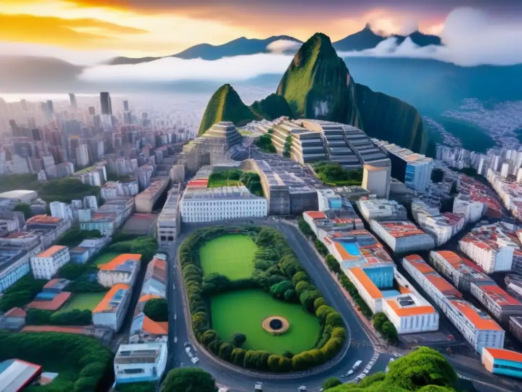 Cityscape vibrante: arquitectura colonial y moderna en Sudamérica Vista aérea detallada de una ciudad en Sudamérica, con modernos rascacielos y arquitectura colonial