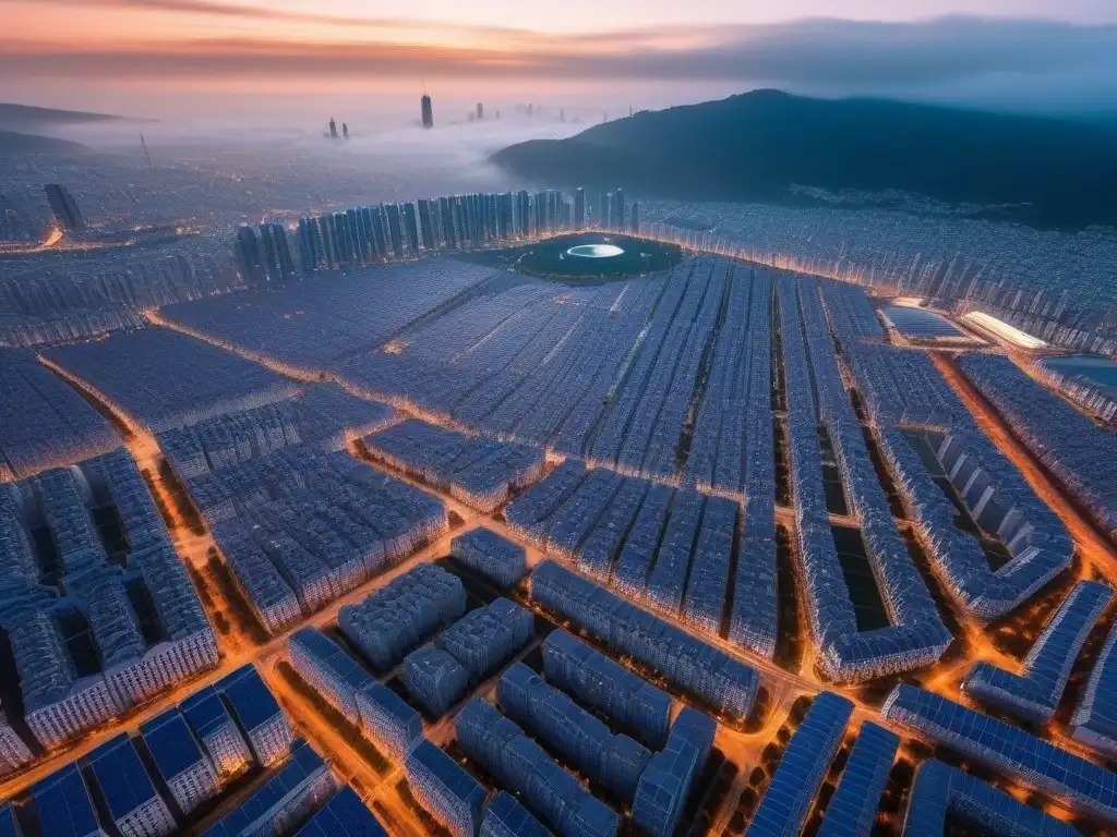 Cityscape futurista en España: arquitectura sostenible y moderna Vista aérea detallada de una ciudad futurista en España, fusionando arquitectura tradicional con rascacielos modernos y diseño urbano innovador