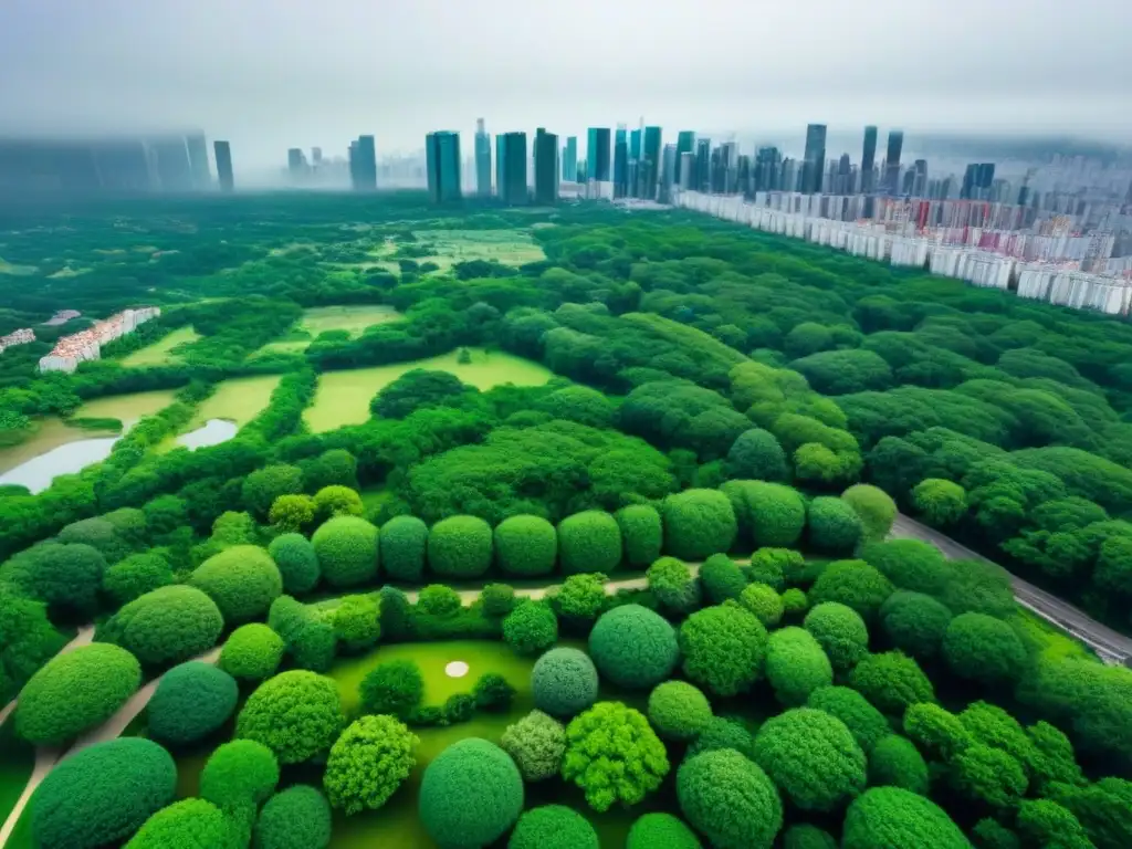 Vista aérea de ciudad vibrante con parque verde Vista aérea detallada de ciudad con parque verde en el centro, destacando la importancia de espacios verdes en la cultura urbana