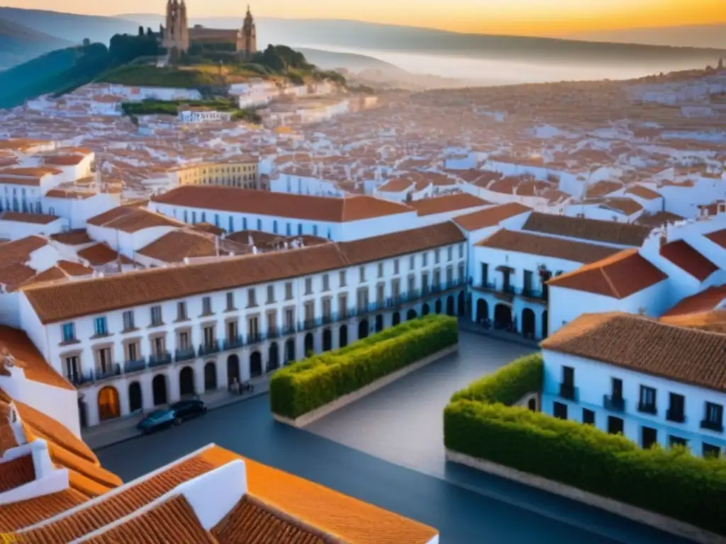 Vista aérea detallada de ciudad española al atardecer Vista aérea detallada de una ciudad española con edificios coloridos, calles estrechas y una plaza central al atardecer