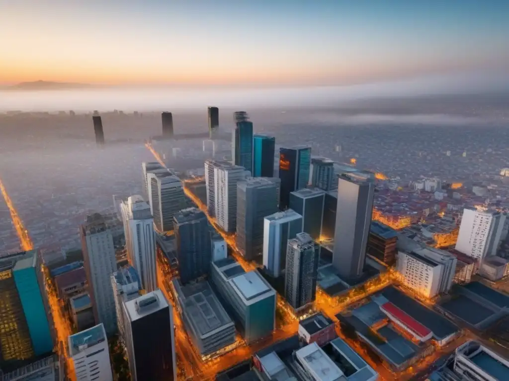 Horizonte de Ciudad de México al amanecer: fusión histórica y moderna Vista aérea detallada de la Ciudad de México al amanecer, destacando la arquitectura histórica y moderna