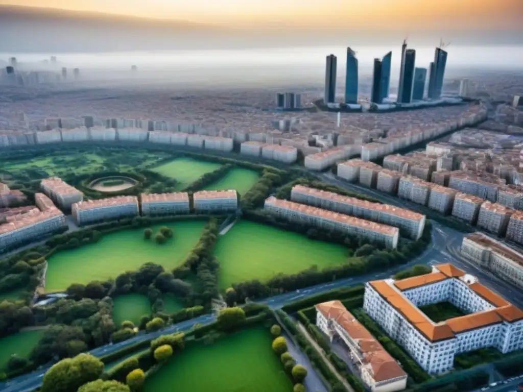 Cityscape de España: fusión arquitectónica entre tradición y modernidad Vista aérea detallada de ciudad española con arquitectura tradicional y rascacielos modernos