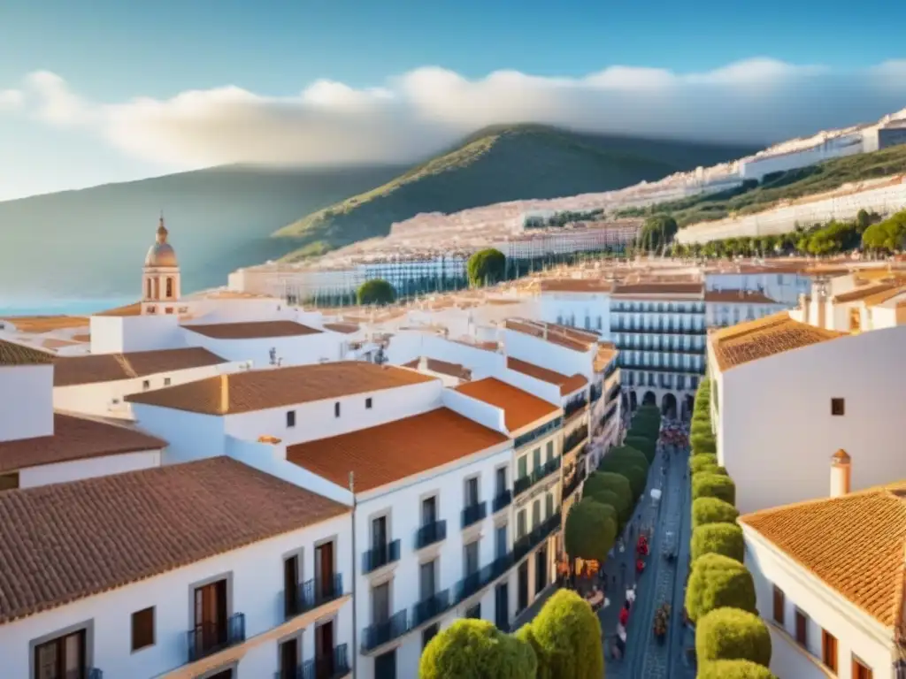 Vibrante ciudad española: inversión inmobiliaria en España Vista aérea detallada de ciudad española con edificios coloridos y balcones vibrantes