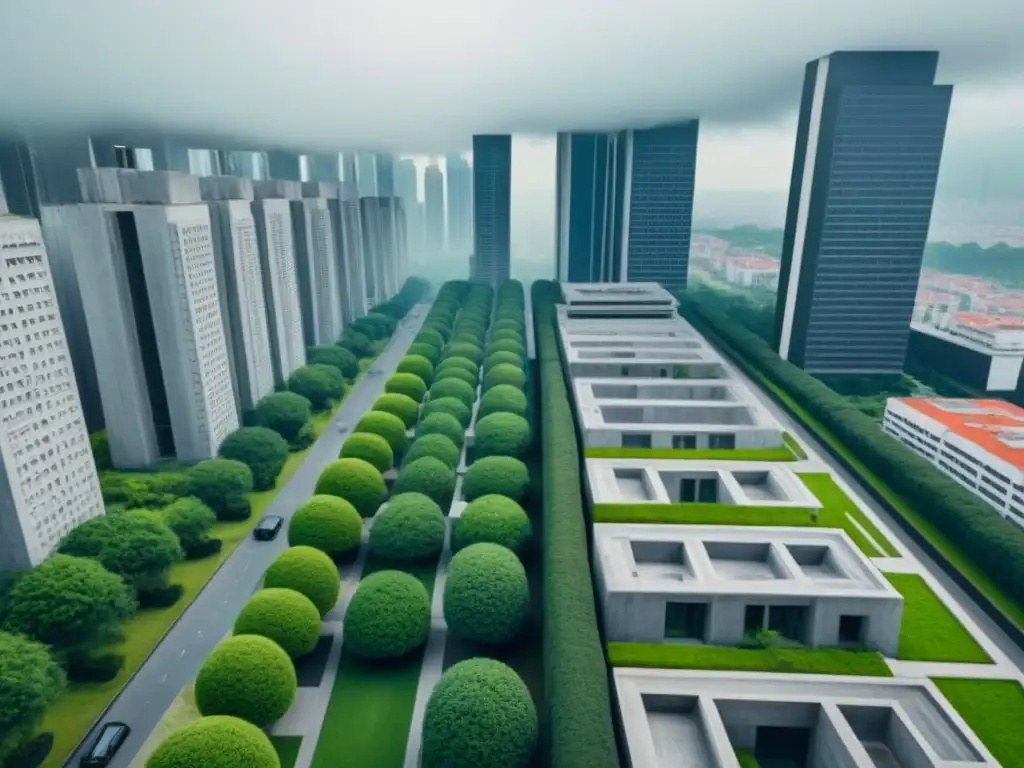 Brutalismo urbano: arquitectura imponente y verde vibrante Vista aérea detallada de ciudad brutalista con arquitectura imponente y espacios verdes, reflejando la influencia en el mercado inmobiliario