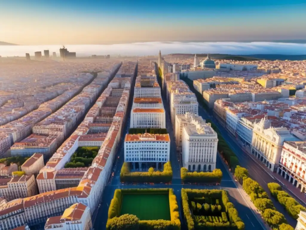 Contraste arquitectónico: tradición y modernidad en la ciudad de España Vista aérea detallada de una ciudad en España, fusionando arquitectura tradicional con rascacielos modernos
