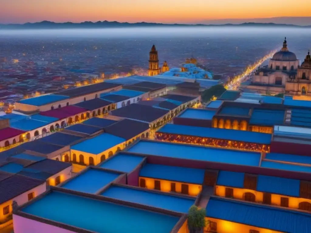 Cityscape vibrante: arquitectura tradicional y moderna en México Vista aérea detallada de una ciudad mexicana con arquitectura tradicional y moderna, reflejando la energía vibrante del mercado inmobiliario