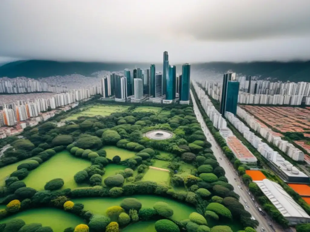 Cityscape vibrante en Sudamérica: inversión inmobiliaria en auge Vista aérea detallada de una ciudad sudamericana con rascacielos modernos, arquitectura histórica y parques verdes