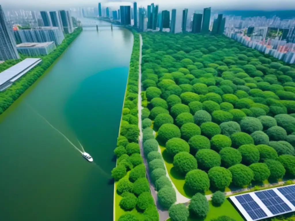 Cityscape moderno: armonía entre rascacielos y naturaleza Vista aérea detallada de una ciudad moderna integrando arquitectura y naturaleza, ideal para inversor inmobiliario consciente de factores riesgo ambiental